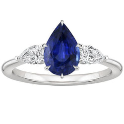 Pear Natural Earth Mined Diamond Anniversary Ring 3 Stone Blue Sapphire Prongs 4.50 Carats