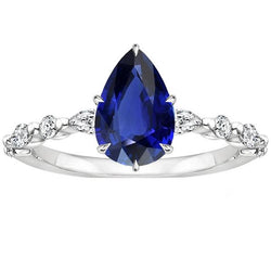 Pear Natural Earth Mined Diamond Anniversary Ring With Blue Sapphire Center Gold 5 Carats
