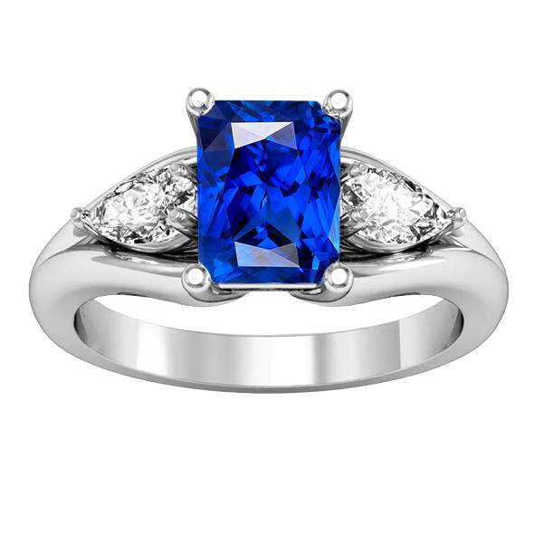 Pear Diamond Radiant Blue Sapphire Ring 3 Carats V Split Shank 3 Stone - Gemstone Ring-harrychadent.ca