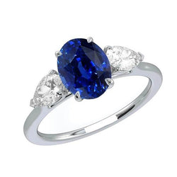 Pear Natural Earth Mined Diamond Three Stone Ring Oval Deep Blue Sapphire 3 Carats