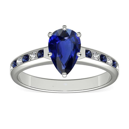 Pear Engagement Ring Channel Set Blue Sapphires & Diamonds 2 Carats - Gemstone Ring-harrychadent.ca