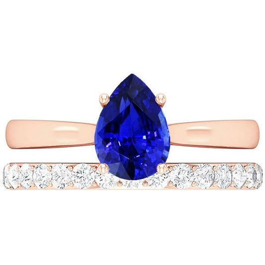 Pear Gemstone Engagement Ring & Diamond Band Set Rose Gold 4 Carats - Gemstone Ring-harrychadent.ca