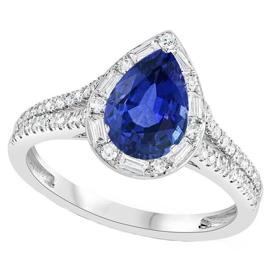 Pear Halo Blue Sapphire Ring Double Shank & Baguette Diamonds 5 Carats - Gemstone Ring-harrychadent.ca