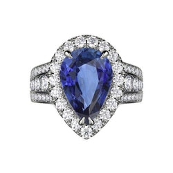 Pear Halo Engagement Blue Sapphire Ring Set & Natural Earth Mined Diamonds 6 Carats