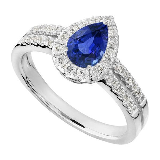 Pear Halo Engagement Ring Ceylon Sapphire Split Shank 4 Carats - Gemstone Ring-harrychadent.ca