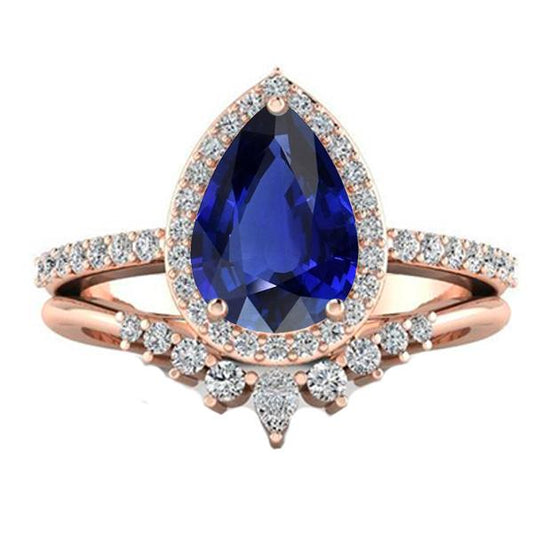 Pear Halo Wedding Ring Set Deep Blue Sapphire & Diamonds 4.50 Carats - Gemstone Ring-harrychadent.ca