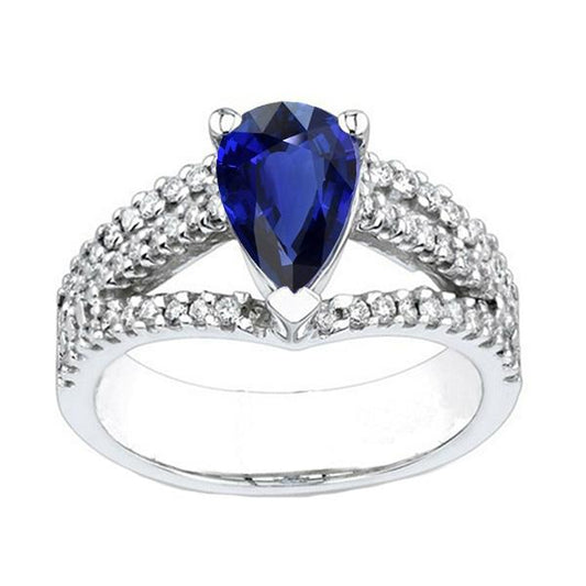 Pear Solitaire Blue Sapphire With Accents Ring Split Shank 3 Carats - Gemstone Ring-harrychadent.ca