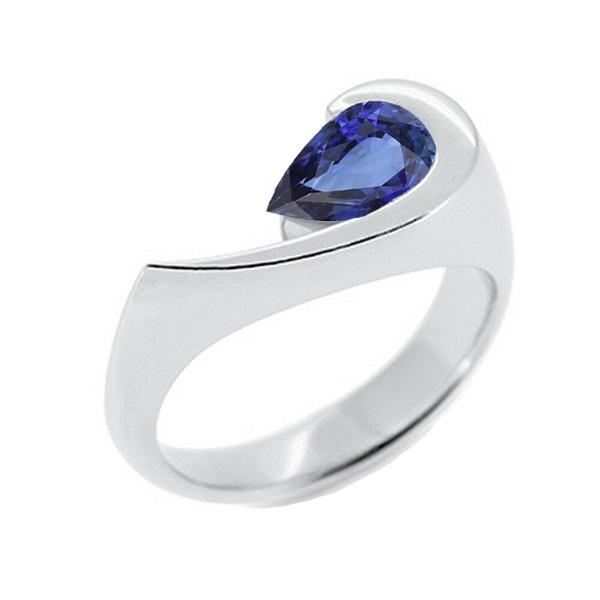 Pear Solitaire Ring Blue Sapphire 1 Carat Half Bezel Set White Gold - Gemstone Ring-harrychadent.ca