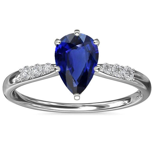 Pear Sri Lankan Sapphire Ring With Round Diamond Side Stones 3 Carats - Gemstone Ring-harrychadent.ca