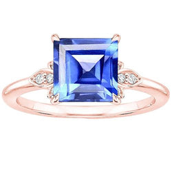 Princess Blue Sapphire & Natural Earth Mined Diamond Ring Prong Set Rose Gold 3.75 Carats