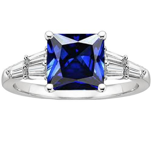 Princess Cut Sapphire Ring With Tapered Baguettes 4.50 Carats Gold 14K - Gemstone Ring-harrychadent.ca