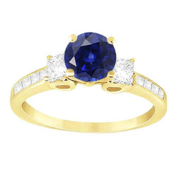 Princess Natural Earth Mined Diamond & Round Blue Sapphire Ring 3.50 Carats Channel Set
