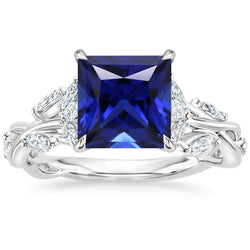 Princess Gemstone Ring With Natural Earth Mined Diamond Accents Ceylon Sapphire 6 Carats