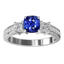 Princess & Round Natural Earth Mined Diamond Cushion Sapphire Ring Jewelry 3.50 Carats