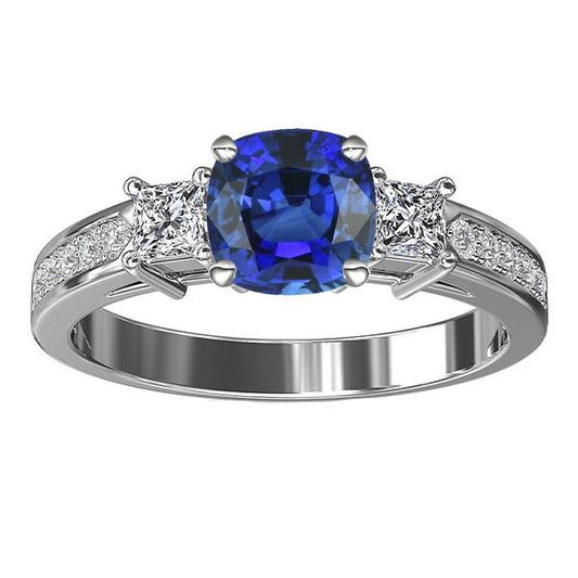 Princess & Round Diamond Ring Cushion Ceylon Sapphire 3 Carats Gold - Gemstone Ring-harrychadent.ca