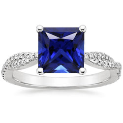 Princess Solitaire Accents Ring Ceylon Sapphire & Natural Earth Mined Diamonds 6 Carats