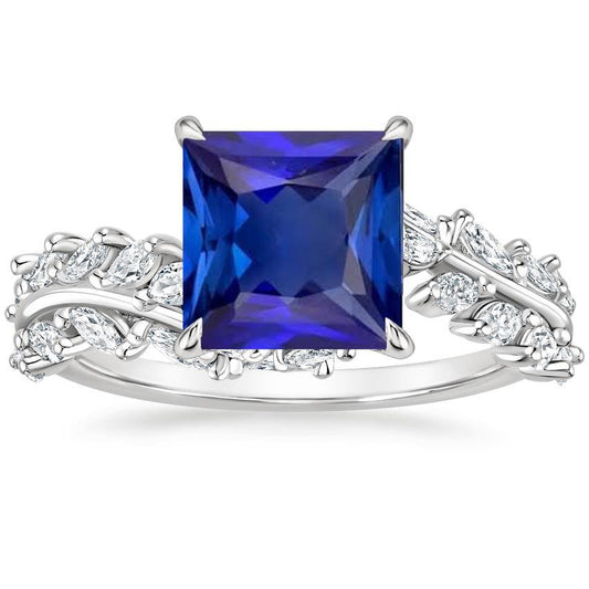 Princess Solitaire Ring Blue Sapphire With Diamond Accents 6 Carats - Gemstone Ring-harrychadent.ca