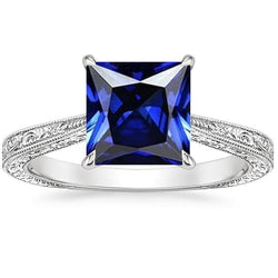 Princess Solitaire Ring Vintage Style Blue Sapphire 5 Carat White Gold