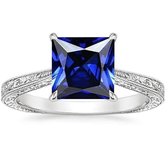 Princess Solitaire Ring Vintage Style Blue Sapphire 5 Carat White Gold - Gemstone Ring-harrychadent.ca
