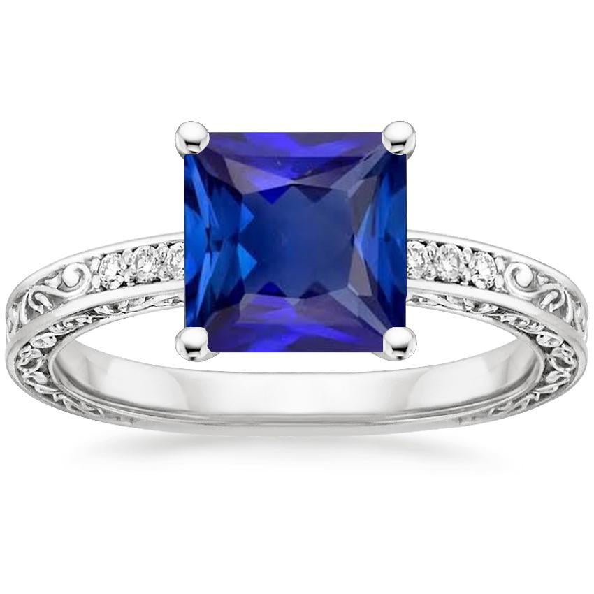 Princess Solitaire Ring With Accents Blue Sapphire Filigree 5.50 Carat - Gemstone Ring-harrychadent.ca