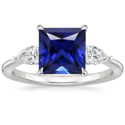 Princess Three Stone Sri Lankan Sapphire and Natural Earth Mined Diamond 5.50 Carats