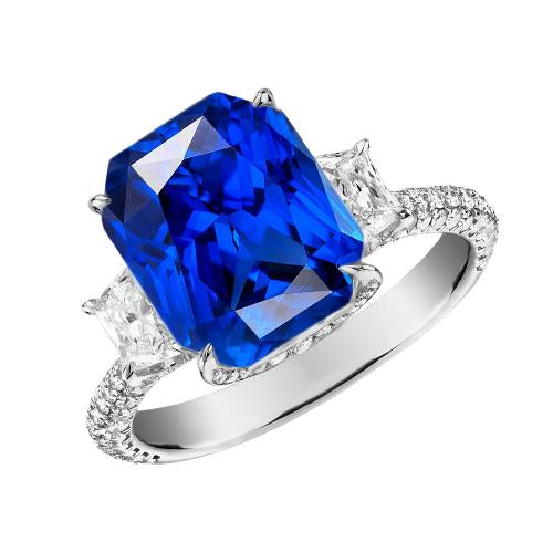 Radiant Diamond 3 Stone Sapphire Ring With Accents 4.50 Carats Gold - Gemstone Ring-harrychadent.ca