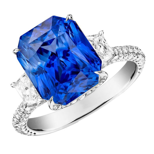 Radiant Diamond Ceylon Sapphire Ring 7.50 Carats 3 Stone Prong Style - Gemstone Ring-harrychadent.ca