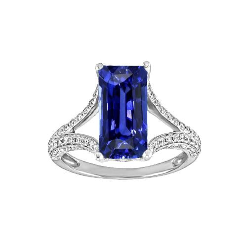 Emerald Gemstone Blue Sapphire Ring 4.50 Carats White Gold Split Shank - Gemstone Ring-harrychadent.ca