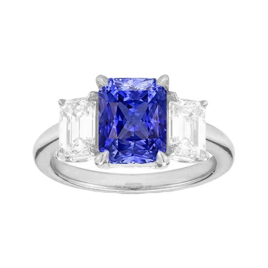 Radiant Gemstone Ring 2 Carats Ceylon Sapphire & Emerald Diamonds Gold - Gemstone Ring-harrychadent.ca