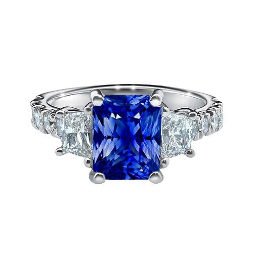 Radiant Gemstone Sapphire Ring Trapezoid & Round Diamonds 3.50 Carats - Gemstone Ring-harrychadent.ca