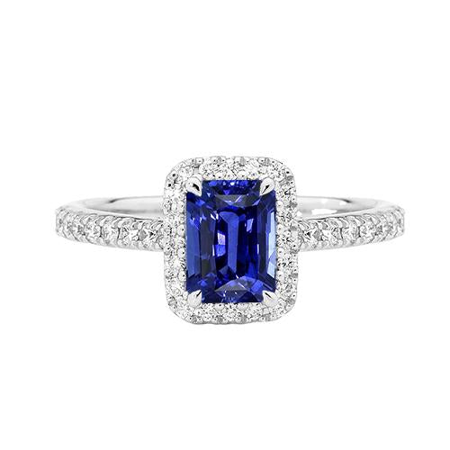 Emerald Halo Anniversary Ring Ceylon Sapphire & Diamonds 3 Caratss - Gemstone Ring-harrychadent.ca