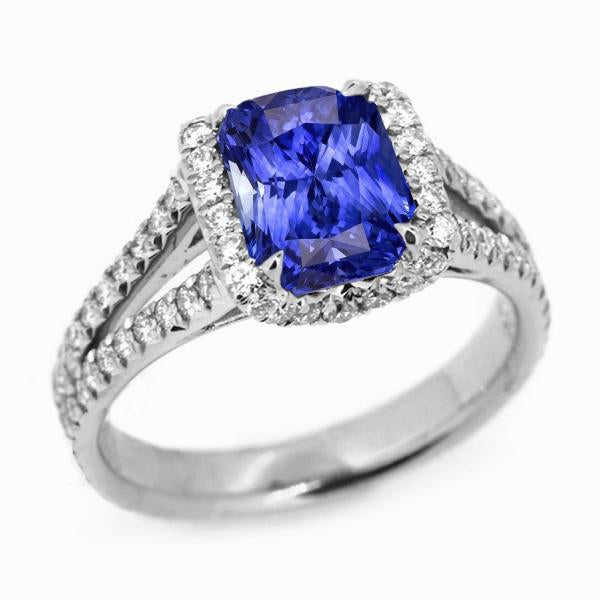 Radiant Halo Ceylon Sapphire Ring 4.50 Carats Split Shank Diamonds - Gemstone Ring-harrychadent.ca