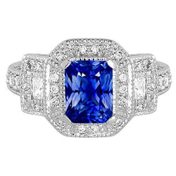 Radiant Halo Ring Antique Style Blue Sapphire & Natural Earth Mined Diamonds 3 Carats