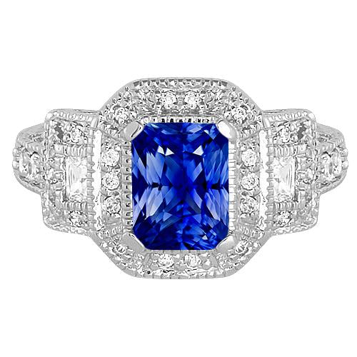 Radiant Halo Ring Antique Style Blue Sapphire & Diamonds 3 Carats - Gemstone Ring-harrychadent.ca