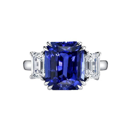 Emerald Three Stone Blue Sapphire Ring 3.50 Carats Women’s Jewelry- Gemstone Ring-harrychadent.ca