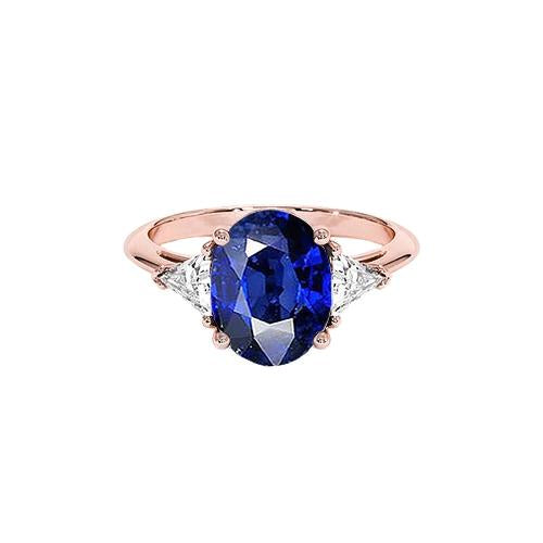 Rose Gold 3 Stone Ring Oval Blue Sapphire & Diamond 8.25 Carats - Gemstone Ring-harrychadent.ca