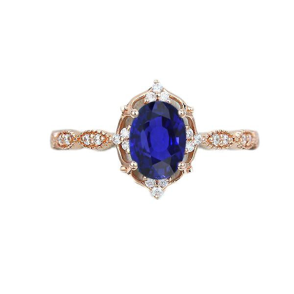 Rose Gold Diamond Halo Vintage Style Blue Sapphire Ring 3 Carats - Gemstone Ring-harrychadent.ca