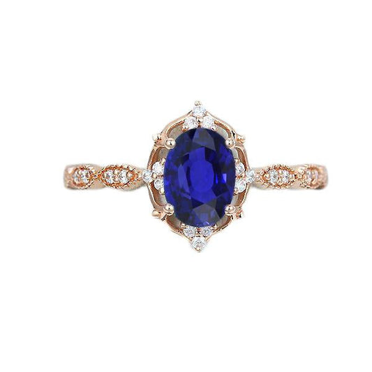 Rose Gold Diamond Halo Vintage Style Blue Sapphire Ring 3 Carats - Gemstone Ring-harrychadent.ca