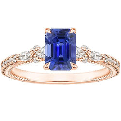 Rose Gold Diamond Pave Setting Ring Radiant Blue Sapphire 4 Carats