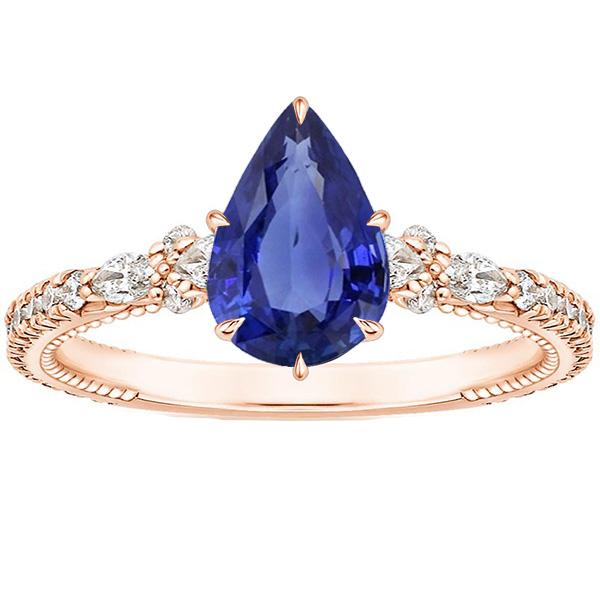 Rose Gold Diamond Ring Pear Ceylon Sapphire Vintage Style 5.50 Carats - Gemstone Ring-harrychadent.ca