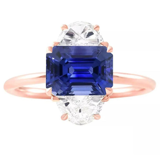 Rose Gold Emerald Sapphire 3 Stone Half Moon Diamonds Ring 4 Carats - Gemstone Ring-harrychadent.ca