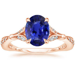 Rose Gold Gemstone Ring Split Shank Blue Sapphire & Natural Earth Mined Diamonds 3 Carats