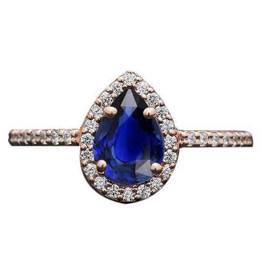 Rose Gold Halo Blue Sapphire Ring Pear Cut & Diamond Accented 3 Carats - Gemstone Ring-harrychadent.ca