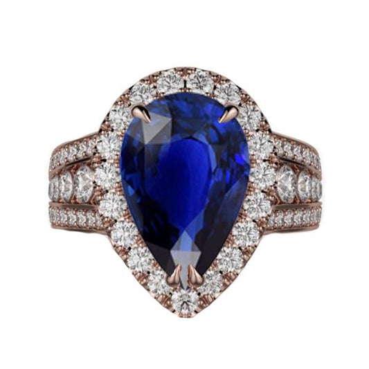 Rose Gold Halo Ceylon Sapphire Engagement Ring Set Diamonds 6 Carats - Gemstone Ring-harrychadent.ca