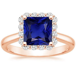 Rose Gold Halo Natural Earth Mined Diamond Engagement Ring With Ceylon Sapphire 6 Carats