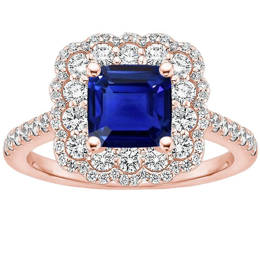 Rose Gold Halo Diamond Ring Cushion Blue Sapphire Center 3.75 Carats - Gemstone Ring-harrychadent.ca