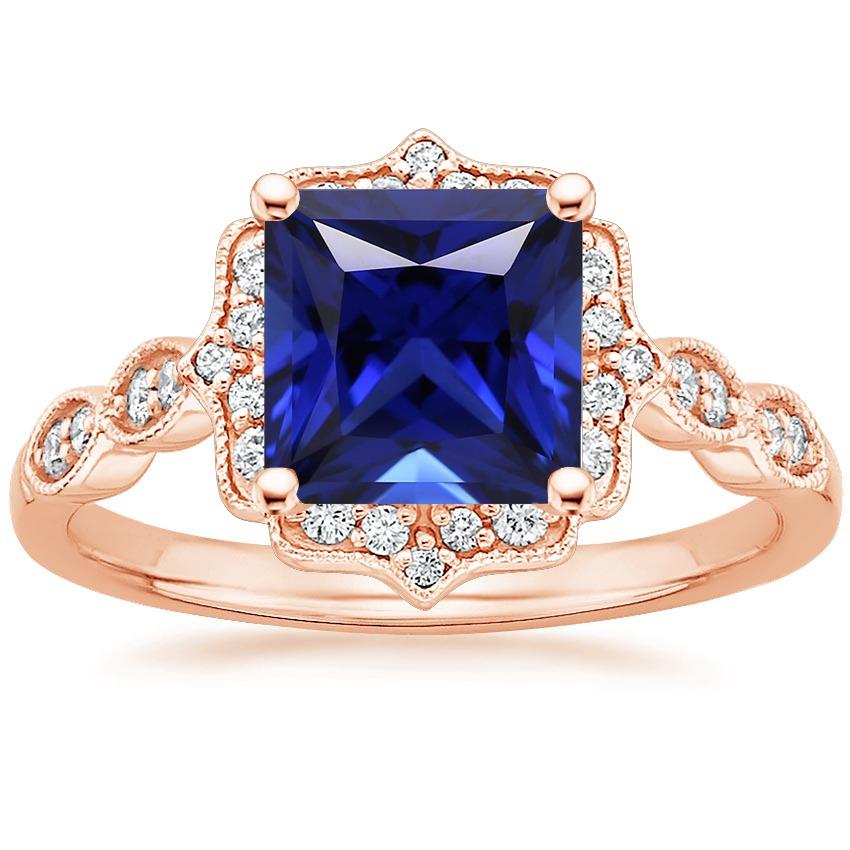 Rose Gold Halo Diamond Ring Milgrain Princess Blue Sapphire 5.50 Carat - Gemstone Ring-harrychadent.ca