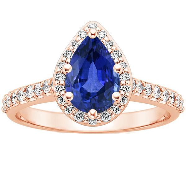 Rose Gold Halo Ring Pear Blue Sapphire & Diamonds 3.50 Carats - Gemstone Ring-harrychadent.ca