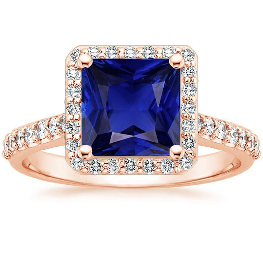 Rose Gold Halo Ring Princess Blue Sapphire With Accents 6.25 Carats - Gemstone Ring-harrychadent.ca