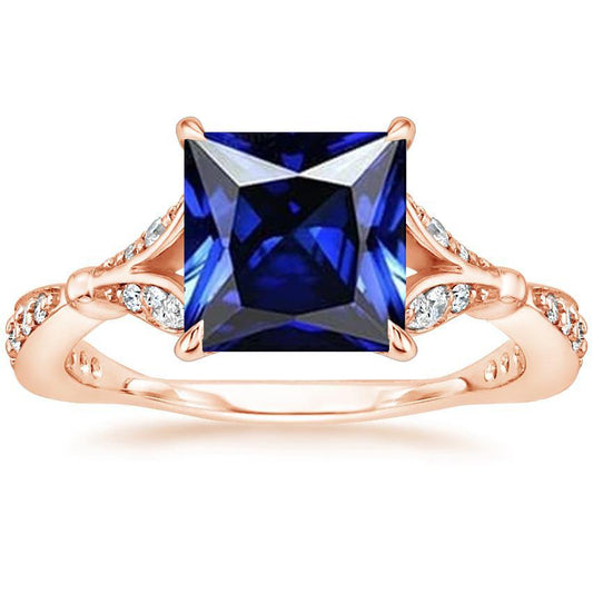 Rose Gold Ring With Accents Princess Cut Blue Sapphire 5.50 Carats - Gemstone Ring-harrychadent.ca